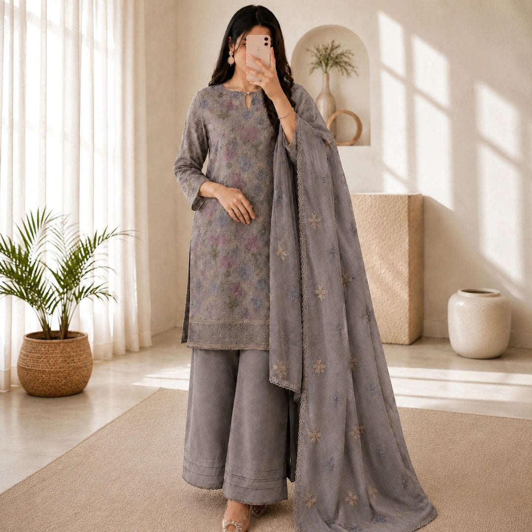 Taupe grey Jam cotton suit set with colorful floral embroidery, matching dupatta and premium ethnic wear fabric for women