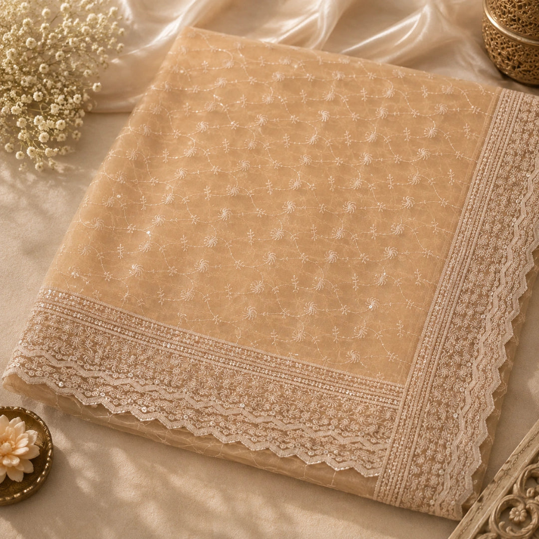 intricate floral embroidery, zari embellishments, embroidered dupatta