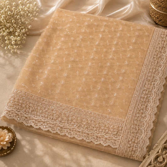 intricate floral embroidery, zari embellishments, embroidered dupatta