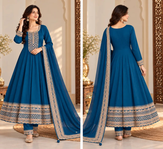 Royal Teal Blue Vichitra Silk Anarkali Suit Set