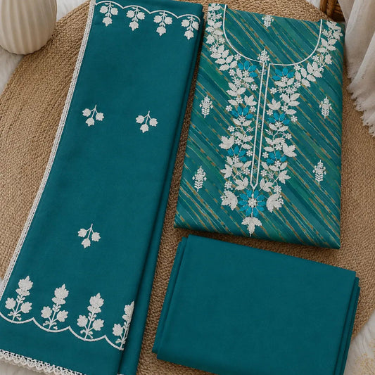 Teal blue embroidered cotton suit fabric for women, trending suit, cotton summer suit, latest suit design with embroidery