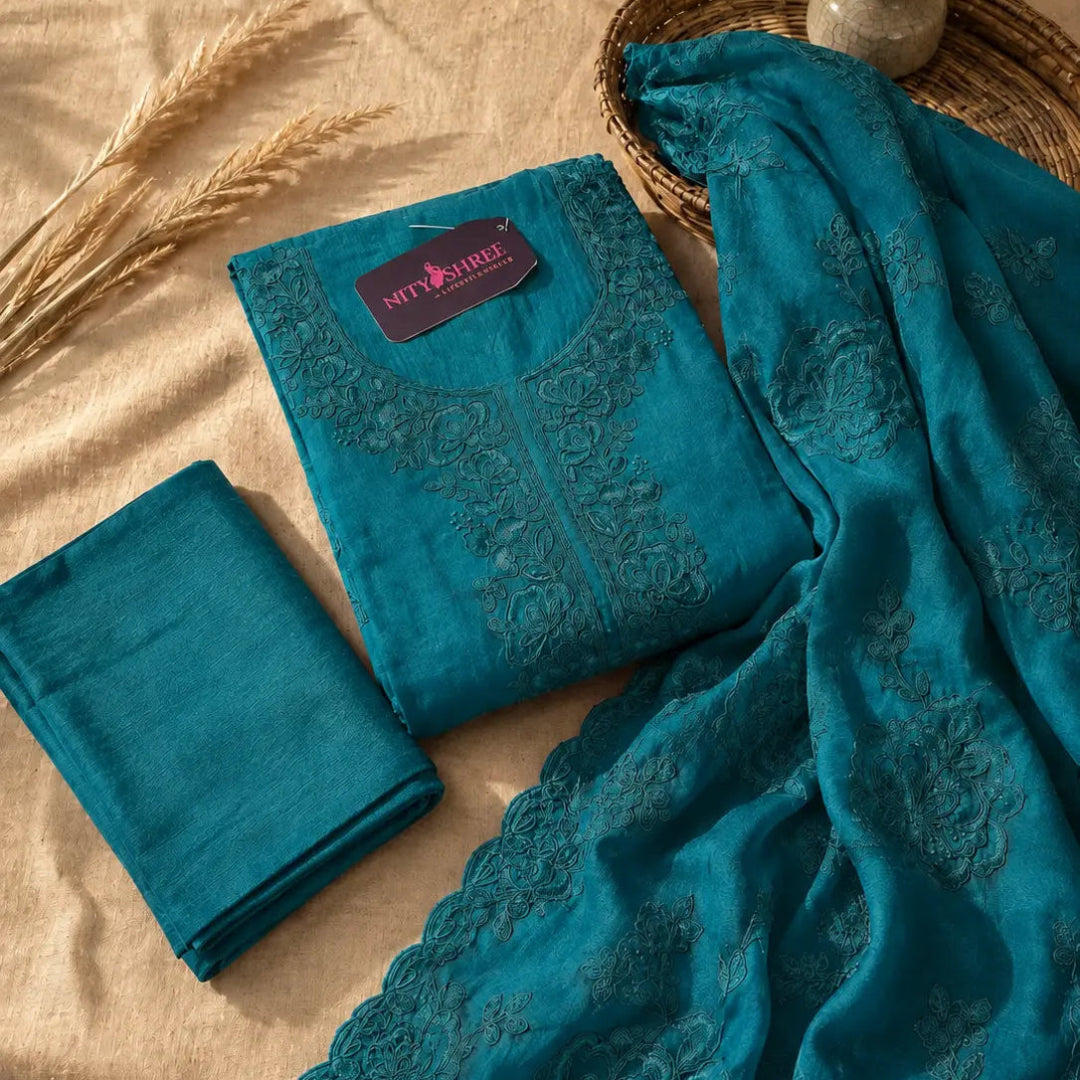 Teal blue floral thread embroidered pure organza suit set with matching dupatta, premium unstitched suit material for women