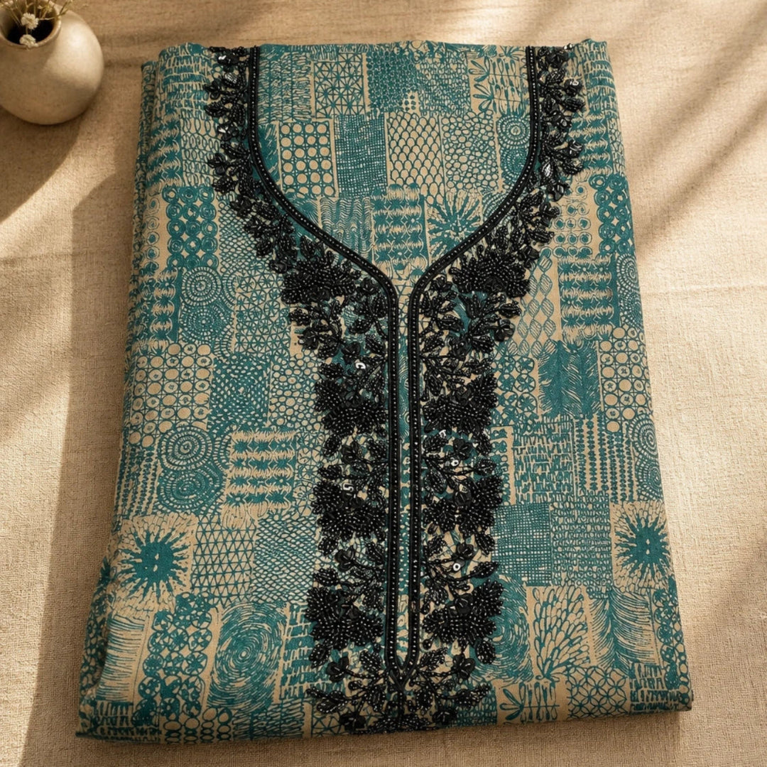 Ocean teal cotton suit fabric with floral botanical motifs, studded embellishments and elegant ethnic styling