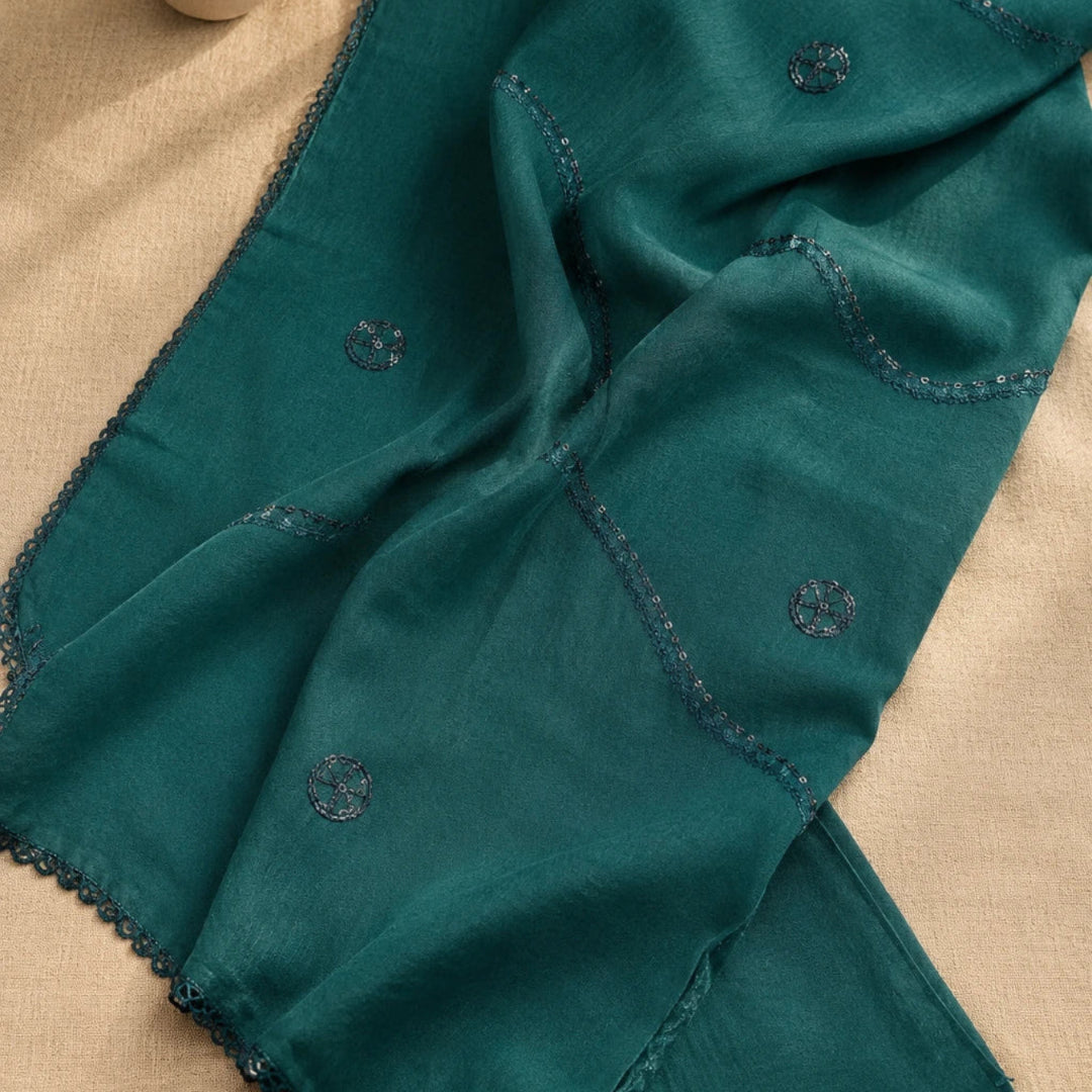 Ocean teal jam Dupatta set with botanical floral print, studded embroidery
