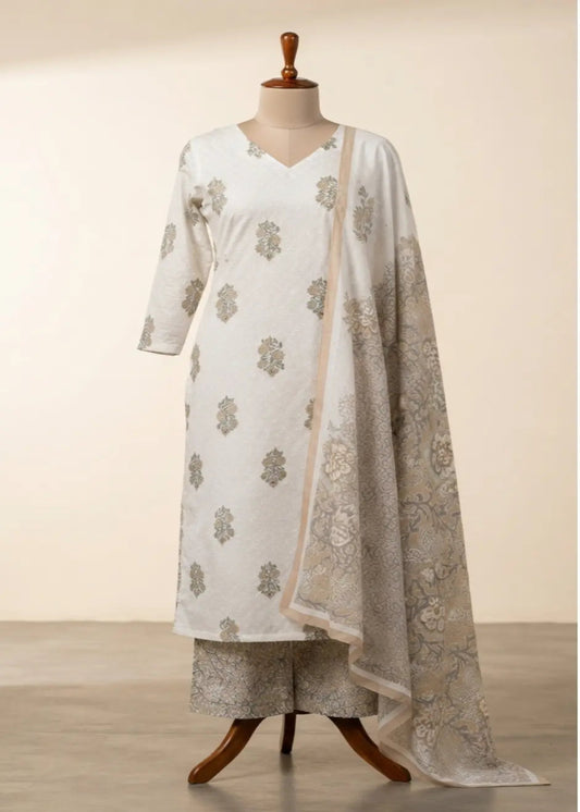 Women's Off White & Beige Printed Unstitched Kurta Palazzo Suit Fabric with Dupatta