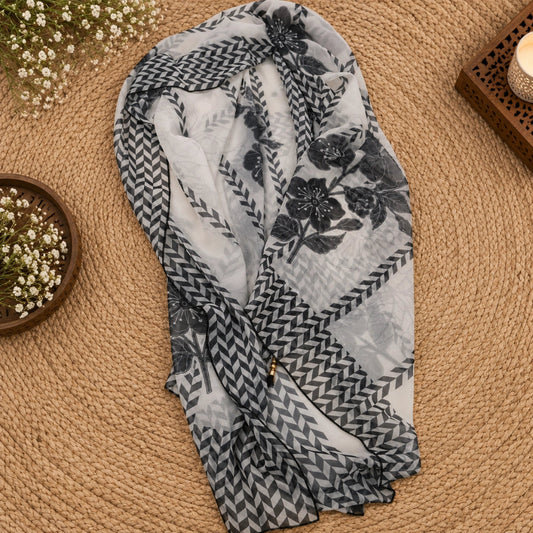 Black grey and off-white ethnic suit fabric with modern printed design, organza dupatta and elegant festive styling