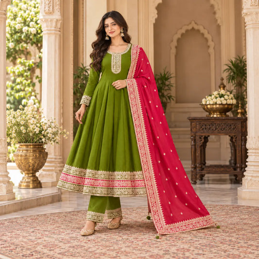 Vichitra Silk Embroidered Anarkali Suit Set