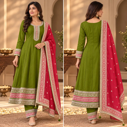 Vichitra Silk Embroidered Anarkali Suit Set