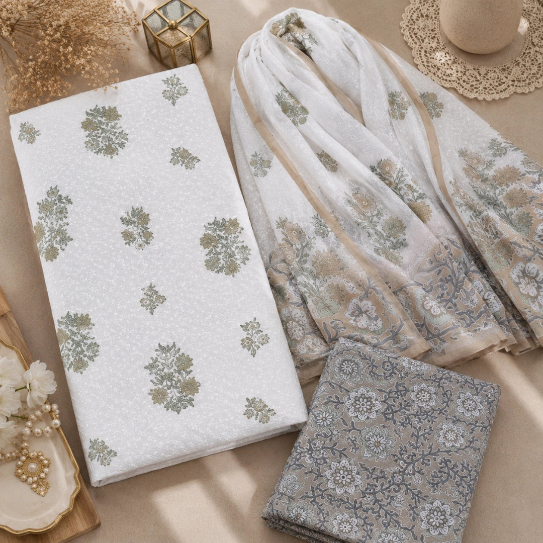 Three folded and draped pieces of fabric arranged on a beige surface: a white textile with muted green floral motifs, a sheer white dupatta or scarf with beige and gray floral print, and a gray textile with an intricate floral pattern. Decorative props including dried flowers, a small gold geometric object, and a lace-edged tray are visible.