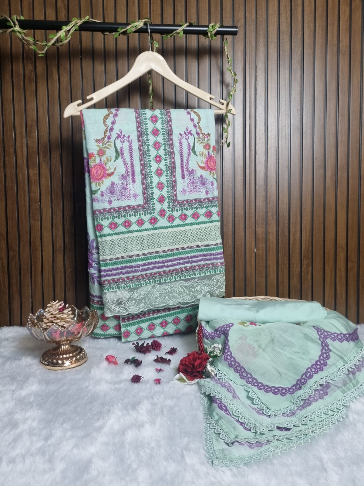 Mint Green Floral Printed Cotton Suit Set with Lace Dupatta