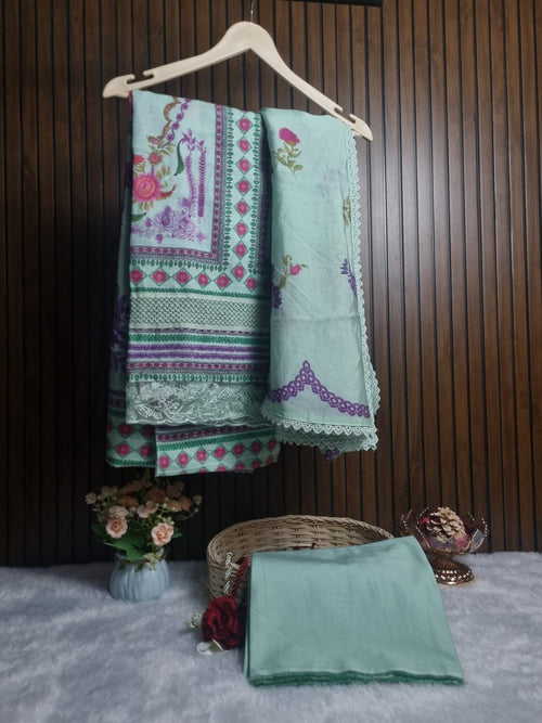Mint Green Floral Printed Cotton Suit Set with Lace Dupatta