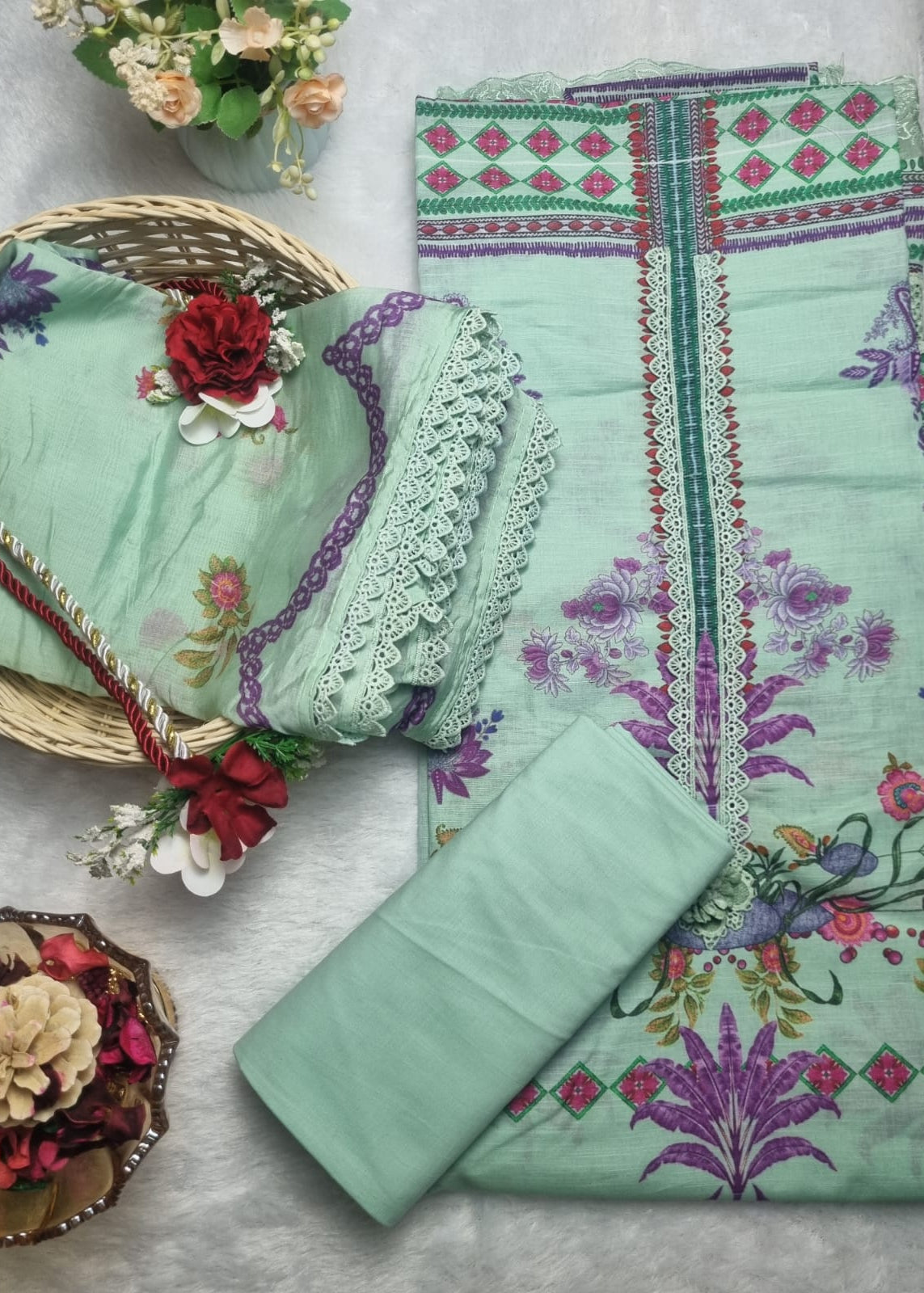 Mint Green Floral Printed Cotton Suit Set with Lace Dupatta