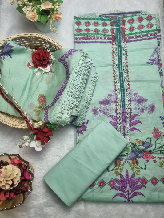 Mint Green Floral Printed Cotton Suit Set with Lace Dupatta