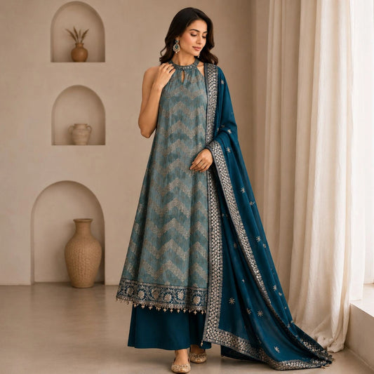 Aqua Teal Chevron Embroidered Suit Set