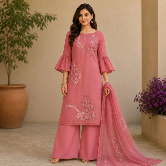 Dusty Rose Leaf Embroidered Unstitched Suit Set