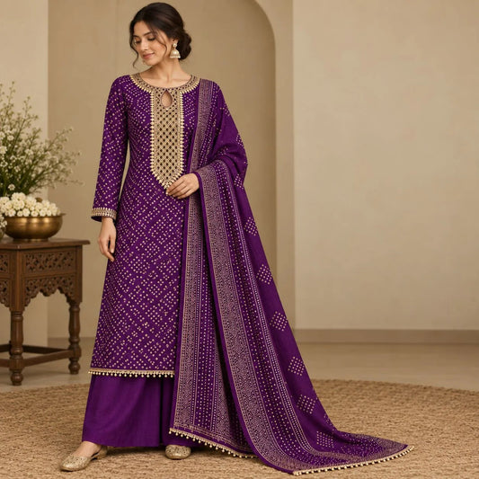 Royal Purple Bandhani Mirror Work Suit Set