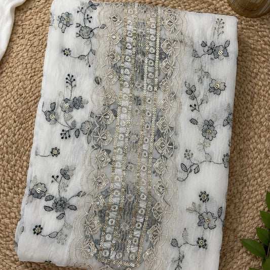 white embroidered Mul Chanderi suit set, women suit fabric with thread work and dupatta, premium unstitched dress material