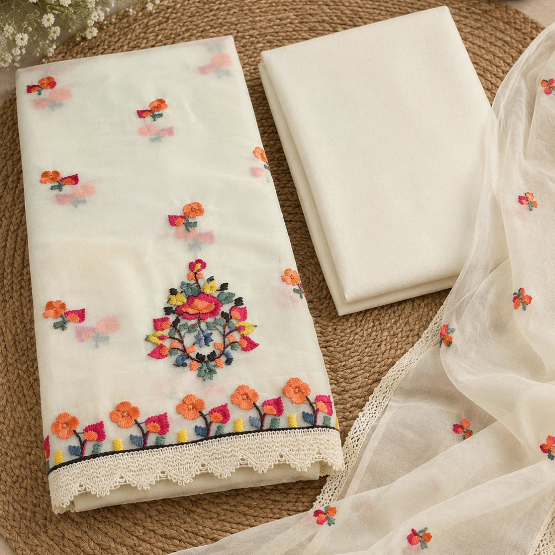 White floral embroidered cotton suit fabric, cotton summer suit for women, ethnic wear and latest suit design