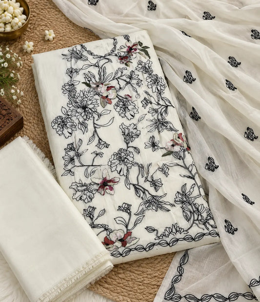 White embroidered suit fabric with black floral outline embroidery, pink and green floral highlights and designer dupatta