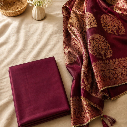 A folded and draped deep magenta silk saree with intricate gold zari floral motifs, displayed on a beige fabric background with decorative props like a small vase of white flowers and a wicker basket.