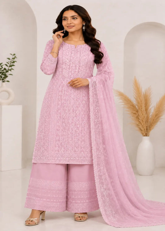 Premium Pink Embroidered Unstitched Kurta Palazzo Suit Fabric with Dupatta