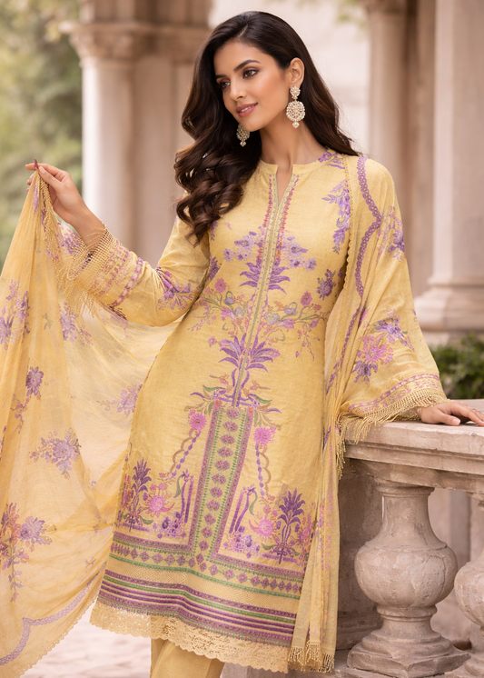 Woman in a yellow embroidered outfit with a dupatta, standing outdoors.