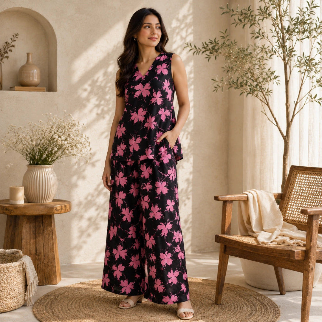 A woman stands in a styled indoor room wearing a sleeveless black jumpsuit with a bold pink floral print. The setting includes a wooden chair with a cream throw, a small side table with a vase of dried flowers, and warm natural light casting soft shadows across the wall.