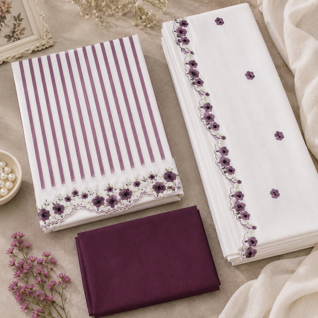 Three folded pieces of white fabric with purple floral and striped patterns, arranged on a beige textured background with dried flowers.