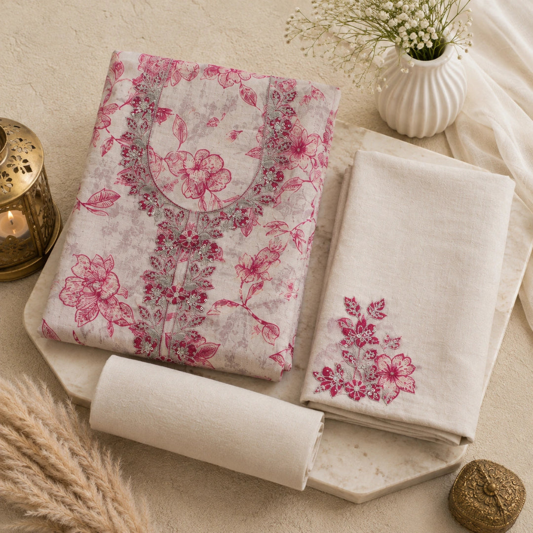 A folded cream-colored cotton fabric set with pink floral embroidery, displayed on a marble tray with a rolled piece, a decorative lantern, dried grass, and a vase of baby's breath.