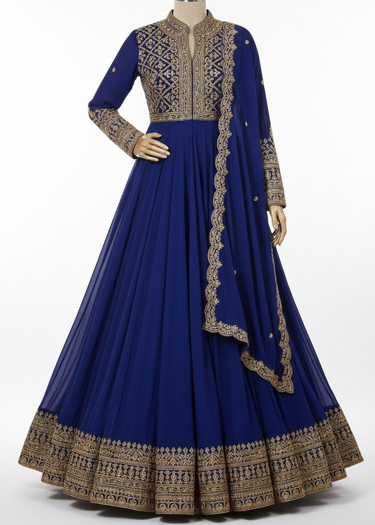 Royal Blue Embroidered Anarkali Suit Set