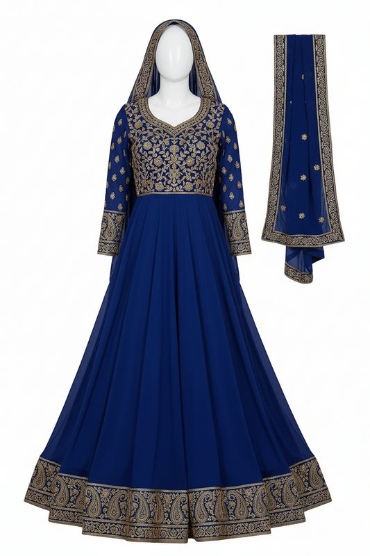 Royal Blue Embroidered Anarkali Suit Set