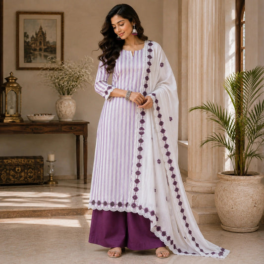A woman models a traditional Indian palzzo suit in a beautifully decorated indoor setting. The outfit consists of a white and purple vertically striped suit with a matching white dupatta featuring purple floral border embroidery, paired with solid purple wide-leg pant