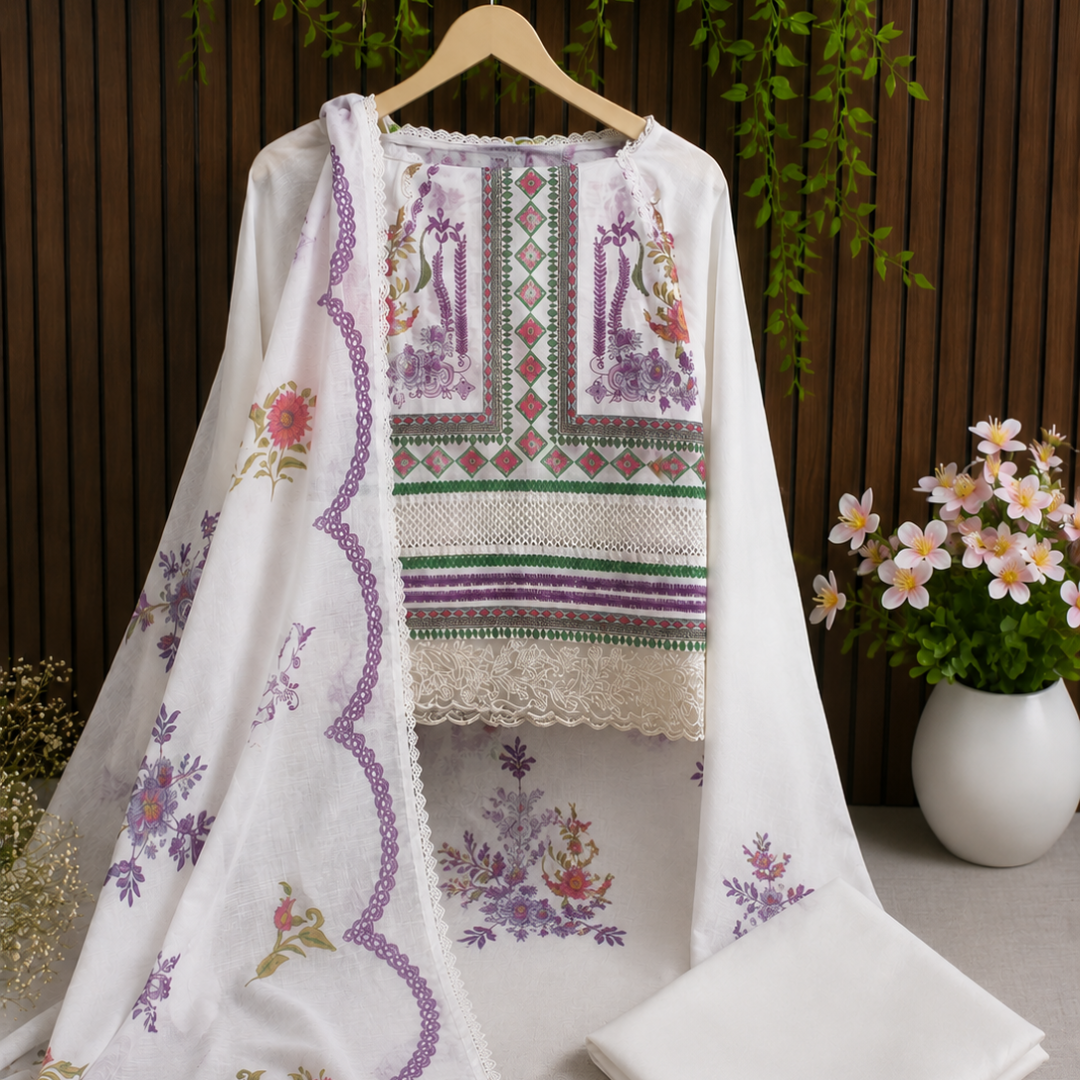 A white embroidered traditional outfit with a matching printed dupatta is displayed on a wooden hanger against a dark wood slat wall, with hanging greenery and a vase of small pink flowers in the background.